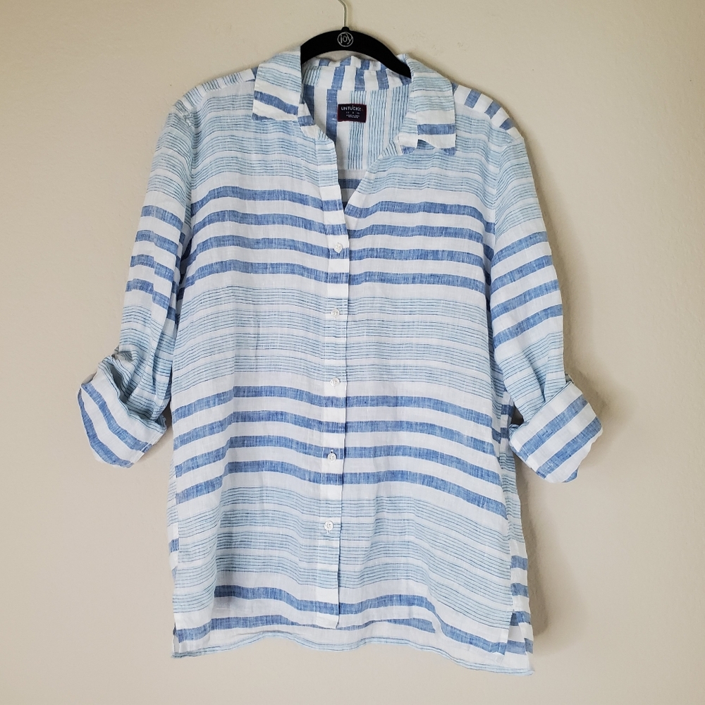 UNTUCKit Womens Sz 8 Button Front Shirt Striped Roll Tab Sleeves Linen Nautical